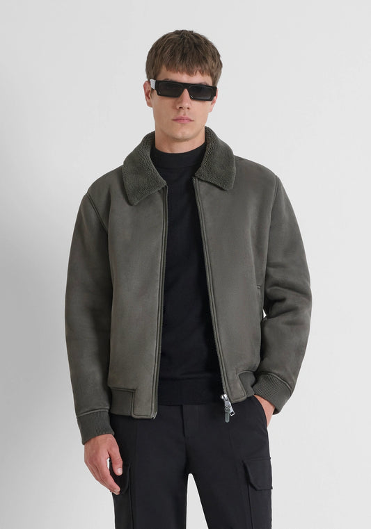 GIUBBOTTO BOMBER REGULAR FIT CON INSERTI IN MAGLIA E TESSUTO EFFETTO CAMOSCIO